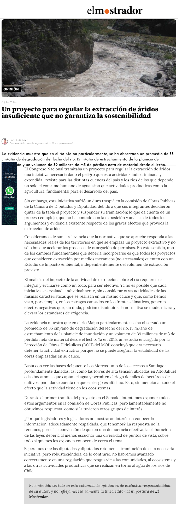 2024.07.08 El Mostrador OPINION Regular la extracción de áridos